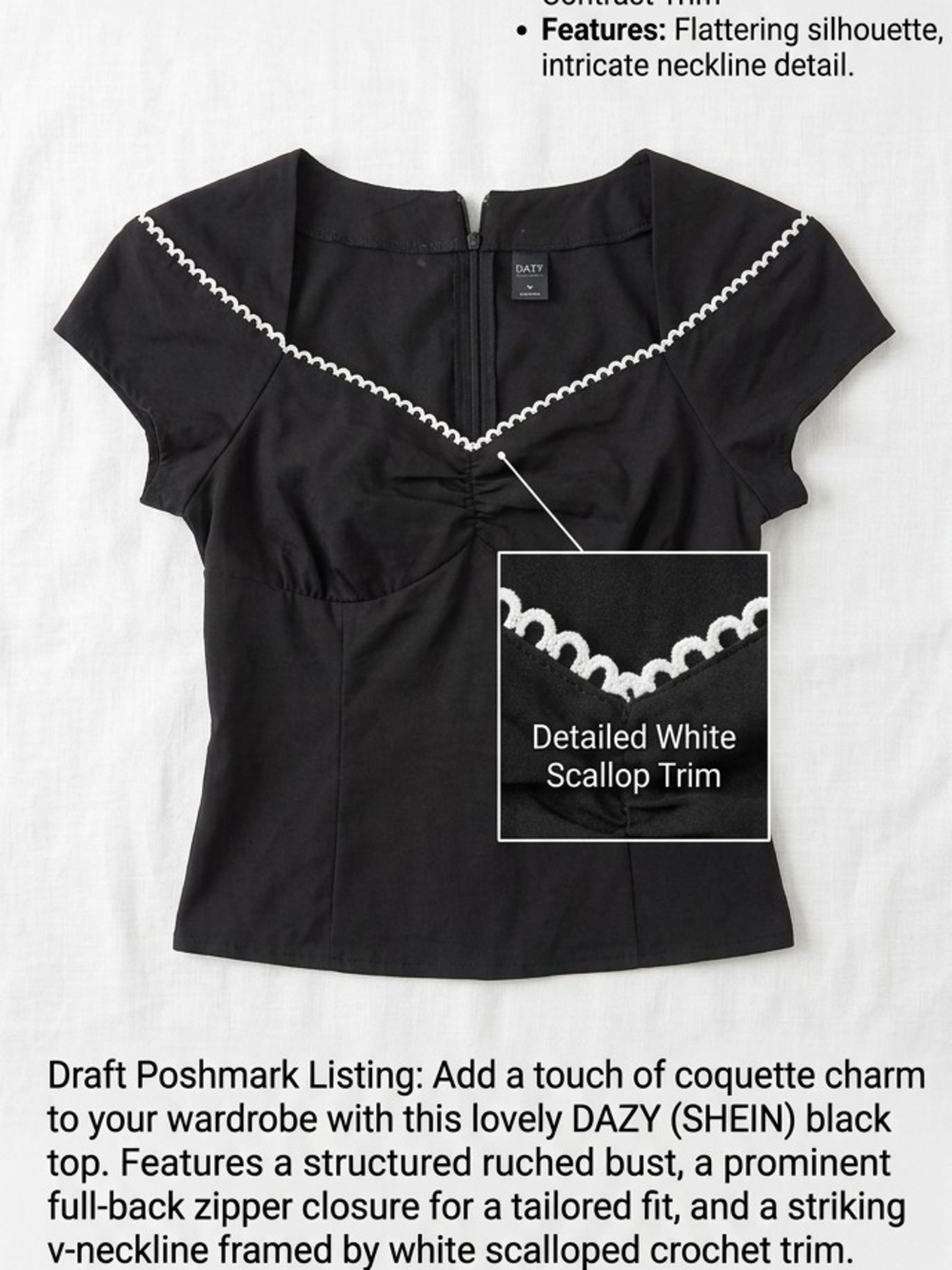 DAZY Black Crop Top with White Scallop Trim